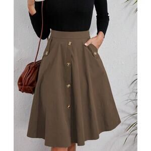 Brown Button Flare Skirt Casual Classy WITH pockets Autumn
